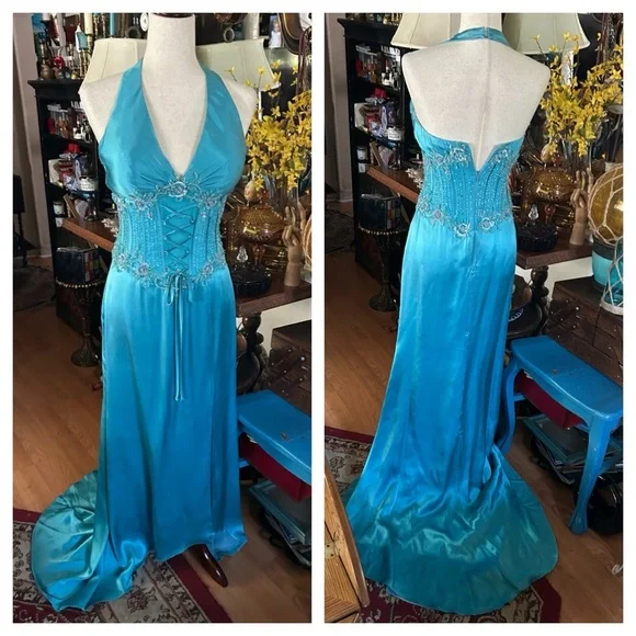 Turquoise Blue Silk Corset Halter Evening Prom Gown - Picture 5 of 16